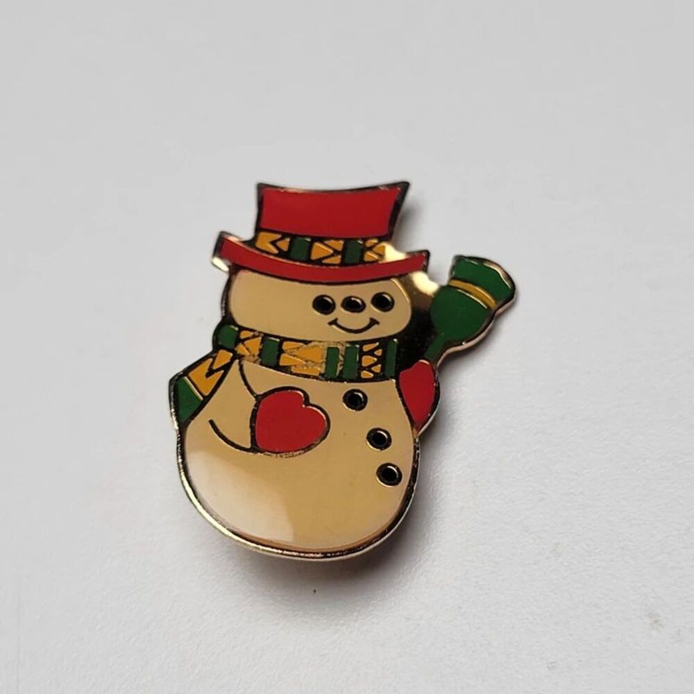Vintage Christmas Snowman Enamel Pin Brooch Gold Tone Red Hat Scarf Holiday